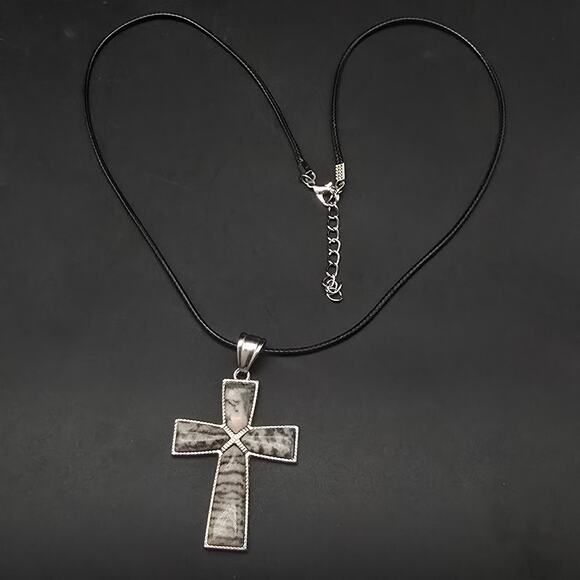 Pink Zebra Jasper Cross Pendant Necklace on Black Cord - Picture 8 of 10